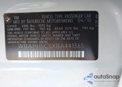 2011 BMW 328I z USA, uszkodzony, nr VIN WBAPH5C5XBA441365